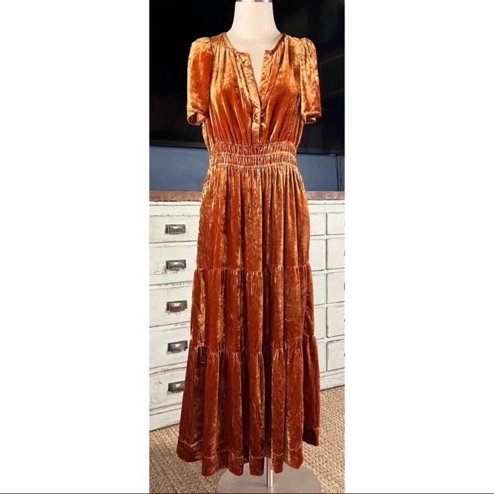 Anthropologie Somerset Rust Honey Velvet Maxi Dress M